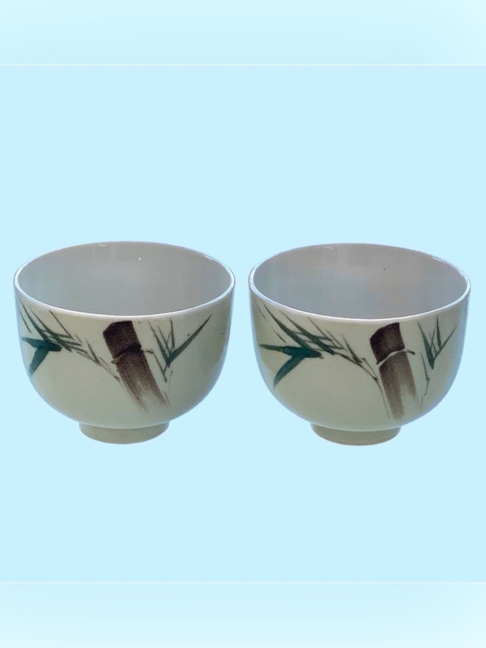 Japanese Bamboo Design Footed Porcelain Tea Cups / Soup Bowls ~ Set of 2